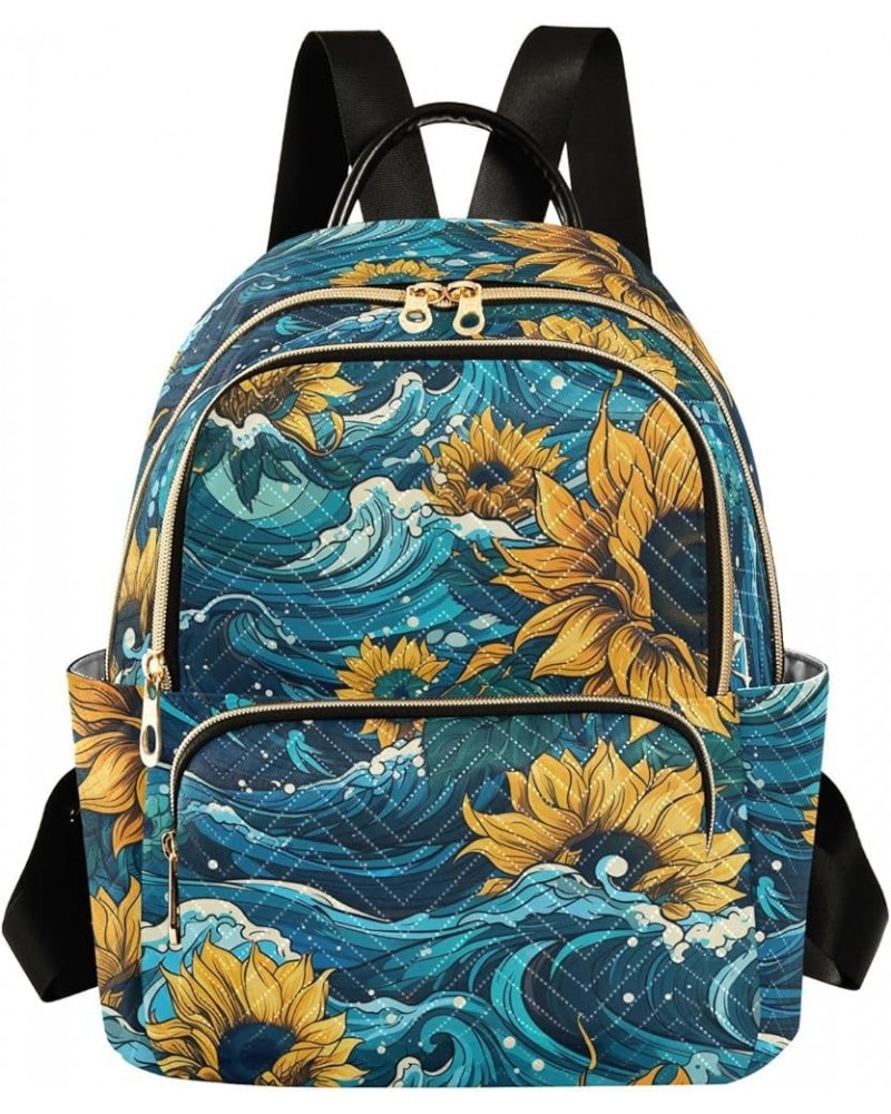 Sunflowers on Waves Background Women's Backpack Purse Causal Daypack Work Travel College Business Trip Bag Shoulder Bag Mediu...