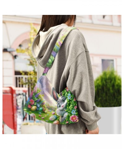 Ladies Soft Plush Underarm Bag Easter-eggs-rabbit-floral Fluffy Shoulder Bag Women Furry Purse Handbag $13.12 Shoulder Bags