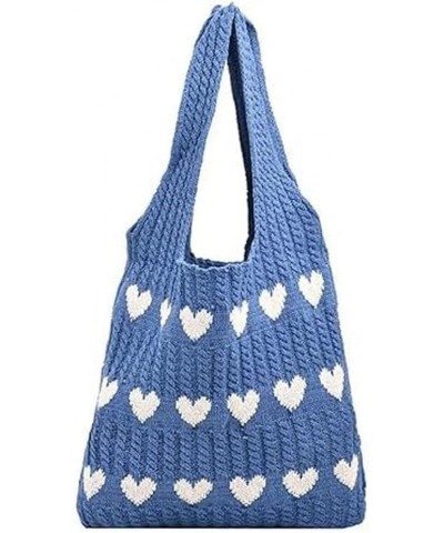 Women's Crochet Tote Bag, Heart Pattern Crochet Tote Bag Knitted Tote Bag Heart Tote Bag for Women Blue $14.49 Totes