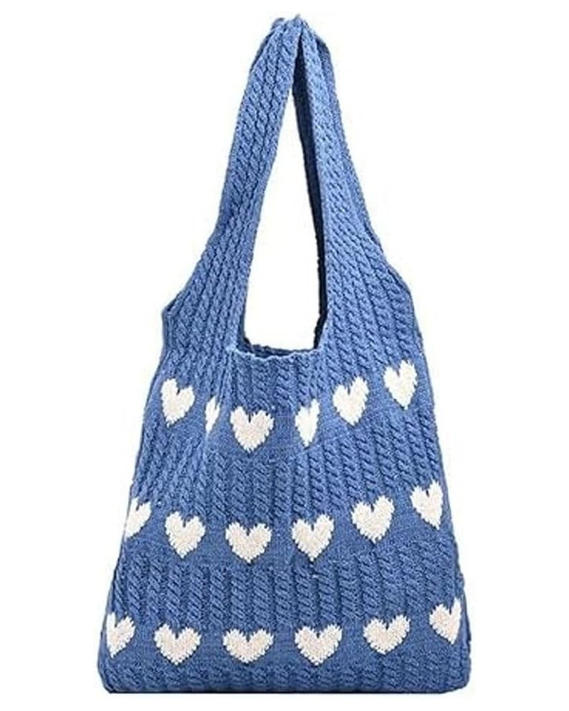 Women's Crochet Tote Bag, Heart Pattern Crochet Tote Bag Knitted Tote Bag Heart Tote Bag for Women Blue $14.49 Totes