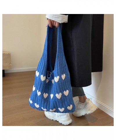 Women's Crochet Tote Bag, Heart Pattern Crochet Tote Bag Knitted Tote Bag Heart Tote Bag for Women Blue $14.49 Totes