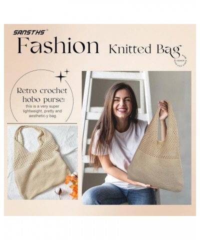 Crochet Mesh Beach Tote Bag Retro Hobo Knitted Bag Woven Tote Summer Shoulder Bag for Women A-khaki $10.02 Totes