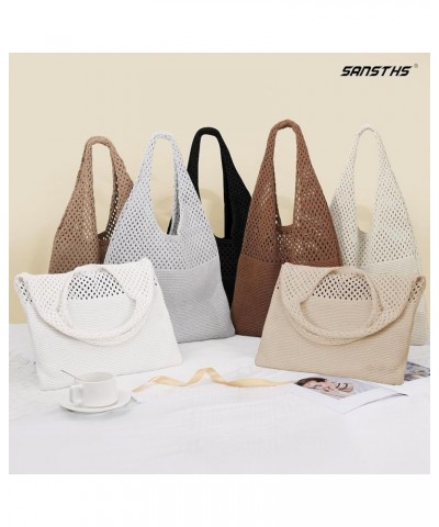 Crochet Mesh Beach Tote Bag Retro Hobo Knitted Bag Woven Tote Summer Shoulder Bag for Women A-khaki $10.02 Totes