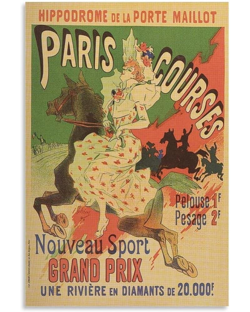 Hippodrome De La Porte Maillot, Paris Courses, Retro Poster, Woman And Horse, Yellow And Green, Home Canvas Wall Art Print Po...