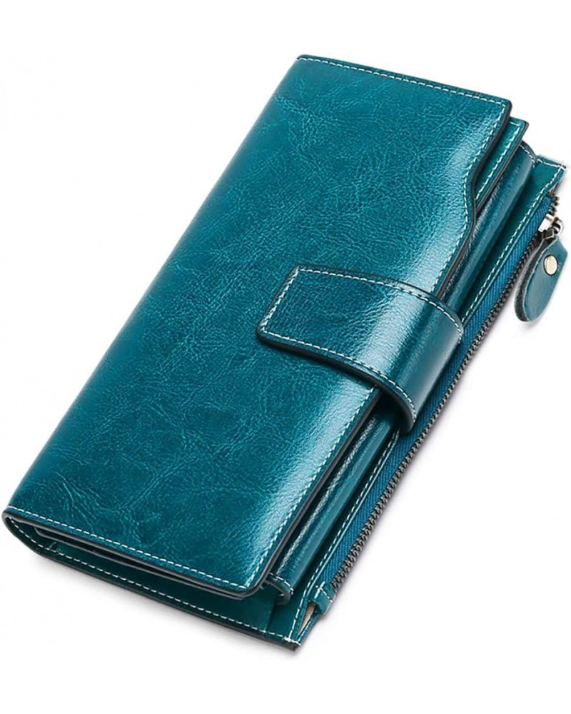 Women Leather Wallets RFID Blocking Clutch Card Holder Ladies Purse with Zipper Pocket 1-Wax-Blue-1 $16.46 Wallets