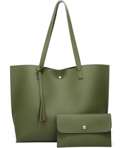 Fashion Solid Piece Color Shoulder Tassel Single Two Handbag Bags Women's Tote Travel Tote Army Green $10.15 Totes