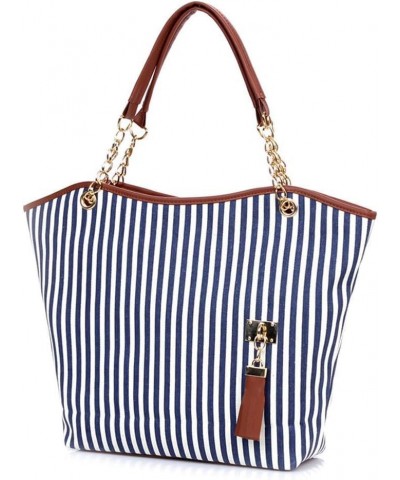 Womens Canvas Handbag Tassel Stripes Purse Tote Fashion Shoulder Bag Large Capacity Blue and White-striped $25.09 Totes