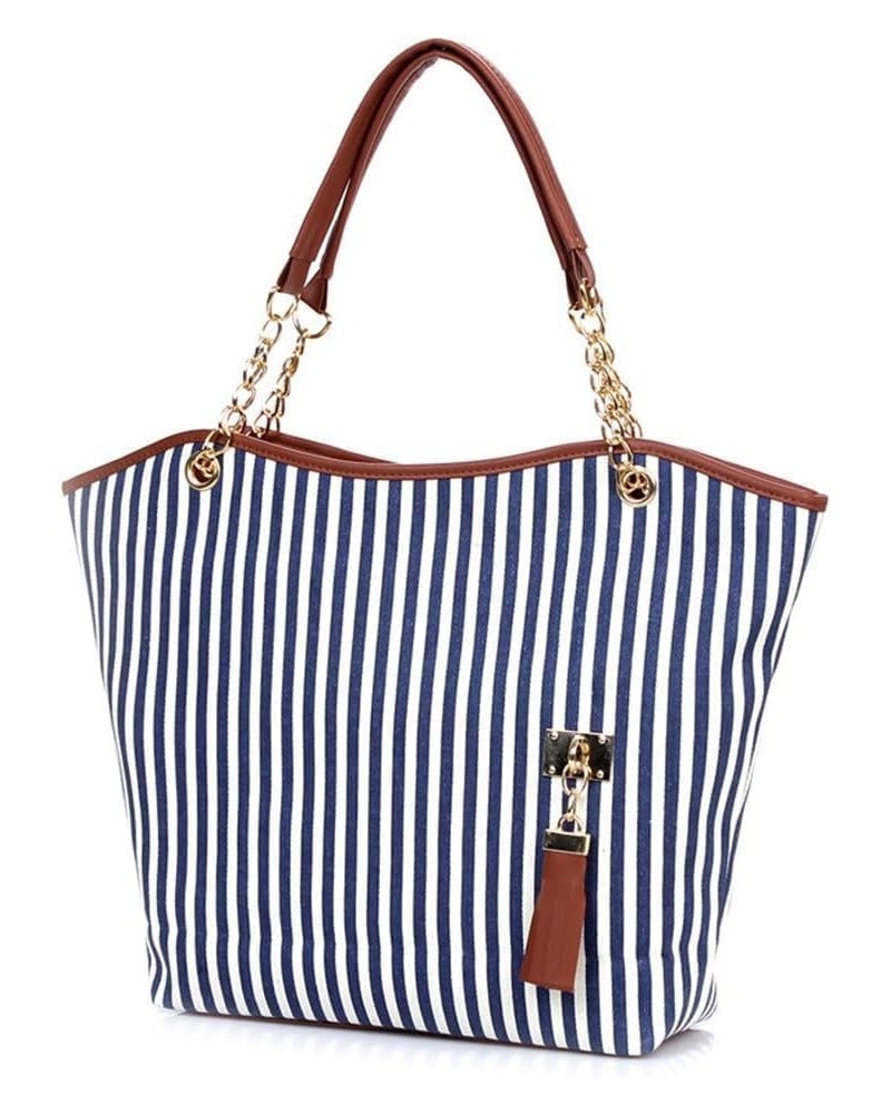 Womens Canvas Handbag Tassel Stripes Purse Tote Fashion Shoulder Bag Large Capacity Blue and White-striped $25.09 Totes