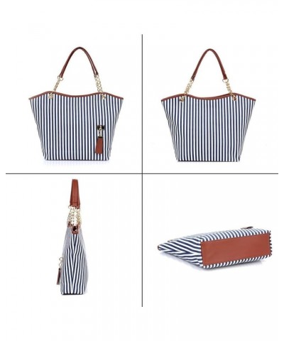 Womens Canvas Handbag Tassel Stripes Purse Tote Fashion Shoulder Bag Large Capacity Blue and White-striped $25.09 Totes