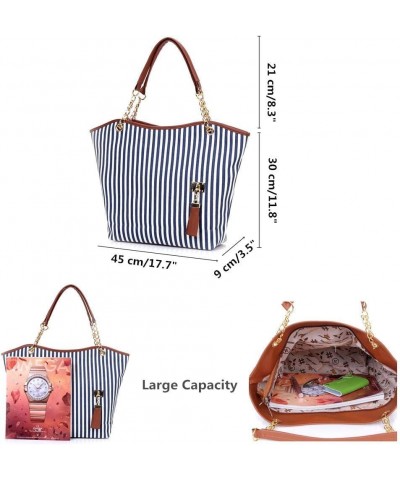 Womens Canvas Handbag Tassel Stripes Purse Tote Fashion Shoulder Bag Large Capacity Blue and White-striped $25.09 Totes