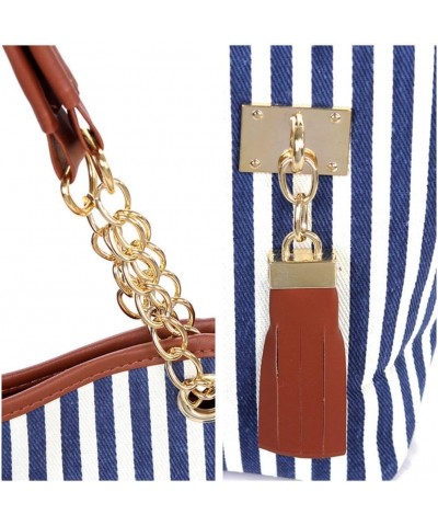 Womens Canvas Handbag Tassel Stripes Purse Tote Fashion Shoulder Bag Large Capacity Blue and White-striped $25.09 Totes