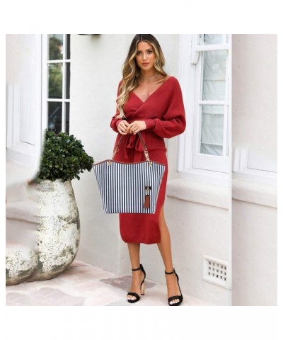 Womens Canvas Handbag Tassel Stripes Purse Tote Fashion Shoulder Bag Large Capacity Blue and White-striped $25.09 Totes