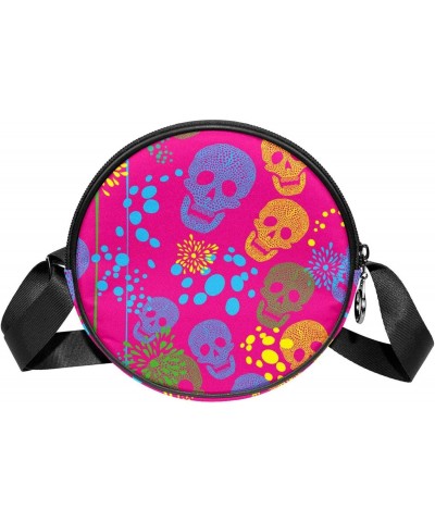 Colorful Skull Pink Crossbody Bag for Women Teen Girls Round Canvas Shoulder Bag Purse Tote Handbag Bag $11.54 Totes