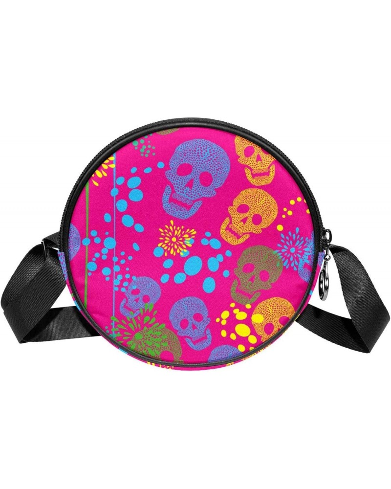 Colorful Skull Pink Crossbody Bag for Women Teen Girls Round Canvas Shoulder Bag Purse Tote Handbag Bag $11.54 Totes