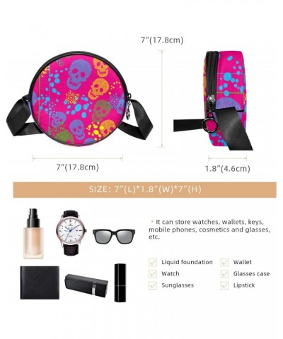 Colorful Skull Pink Crossbody Bag for Women Teen Girls Round Canvas Shoulder Bag Purse Tote Handbag Bag $11.54 Totes