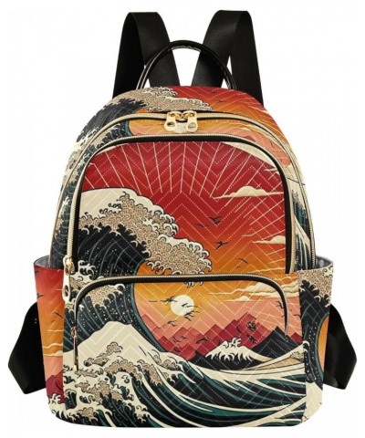 Small Fashion Backpack for Women Raising Wave Japanese Style Print Ladies Travel Daypack Aesthetic Shoulder Bag 10.2×5.1×12.5...