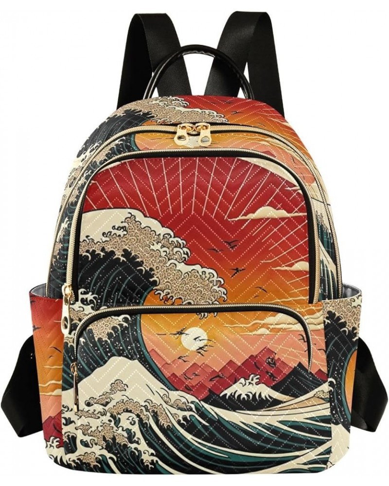 Small Fashion Backpack for Women Raising Wave Japanese Style Print Ladies Travel Daypack Aesthetic Shoulder Bag 10.2×5.1×12.5...