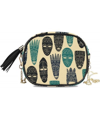 Small Crossbody Bag Chic African Tribal Masks Womens Shoulder Chain Bag PU Leather Small Purse With Tassel $11.28 Shoulder Bags