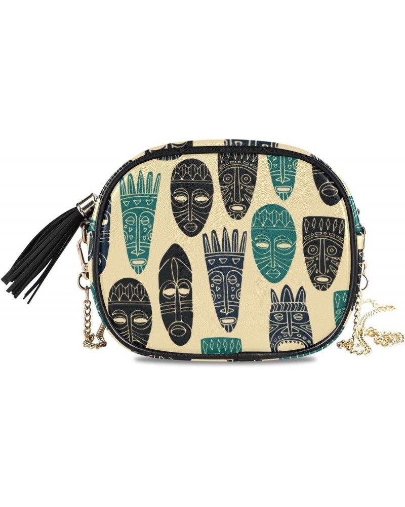 Small Crossbody Bag Chic African Tribal Masks Womens Shoulder Chain Bag PU Leather Small Purse With Tassel $11.28 Shoulder Bags