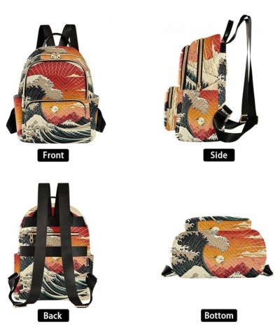 Small Fashion Backpack for Women Raising Wave Japanese Style Print Ladies Travel Daypack Aesthetic Shoulder Bag 10.2×5.1×12.5...