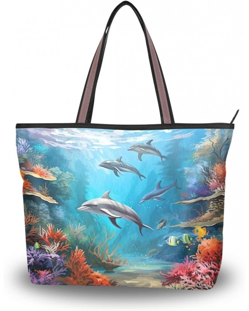 Women Tote Bags Dolphins Ocean Top Handle Satchel Handbags Shoulder Bag for Shopping 20853527 $11.54 Totes