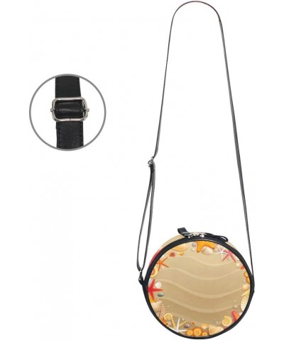 Canvas Round Bag, Tropical Beach Sand Shells Starfishes Circle Crossbody Handbag for Women with Shoulder Leather Strap $12.71...