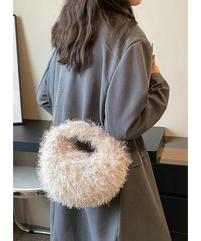 Women Fluffy Tote Bag Trendy Shoulder Bag Top Handle Handbag Small Crescent Purse Sling Bag with Chain Strap Brown $27.75 Totes