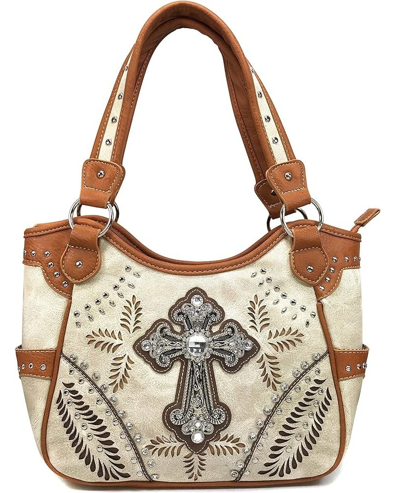 Floral Studs Laser Cut Western Rhinestone Cross Handbag Purse Conceal Carry Beige Purse Only $17.13 Shoulder Bags