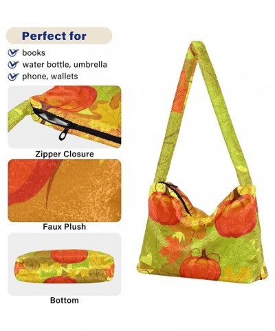 Fall Leaves Pumpkins Furry Tote Bag for Women Crossbody Bag Casual Shoulder Handbags Furry Soft Bag with Zipper for Women Men...