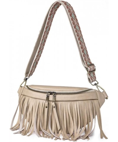 Women Vegan Leather Cross Chest Bag Rivets Fringed Shoulder Handbag Purse Waist Bag C-Beige $13.80 Shoulder Bags