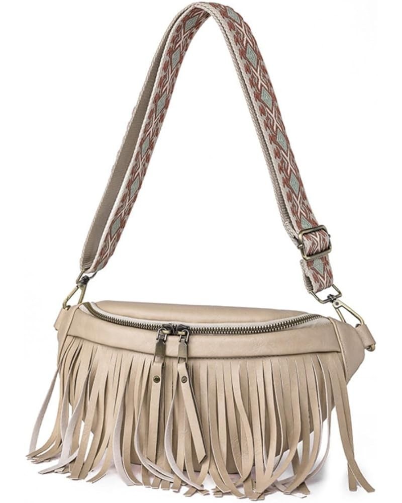 Women Vegan Leather Cross Chest Bag Rivets Fringed Shoulder Handbag Purse Waist Bag C-Beige $13.80 Shoulder Bags