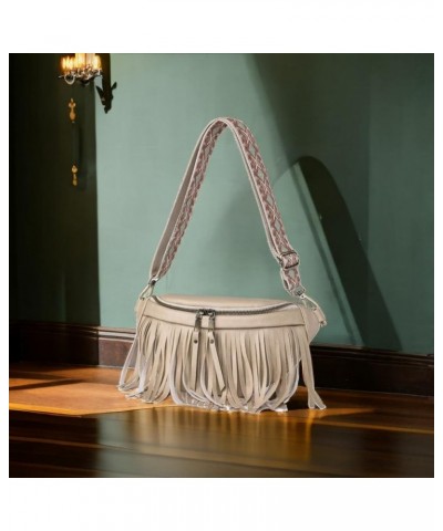 Women Vegan Leather Cross Chest Bag Rivets Fringed Shoulder Handbag Purse Waist Bag C-Beige $13.80 Shoulder Bags