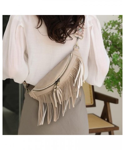 Women Vegan Leather Cross Chest Bag Rivets Fringed Shoulder Handbag Purse Waist Bag C-Beige $13.80 Shoulder Bags