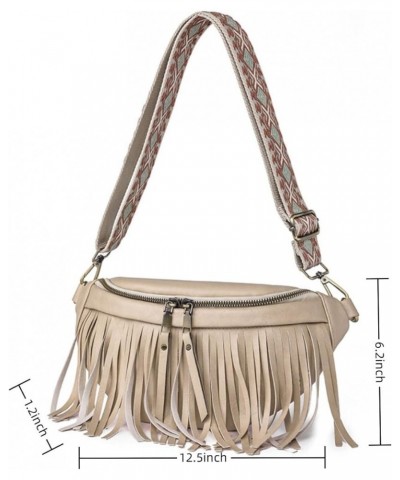 Women Vegan Leather Cross Chest Bag Rivets Fringed Shoulder Handbag Purse Waist Bag C-Beige $13.80 Shoulder Bags