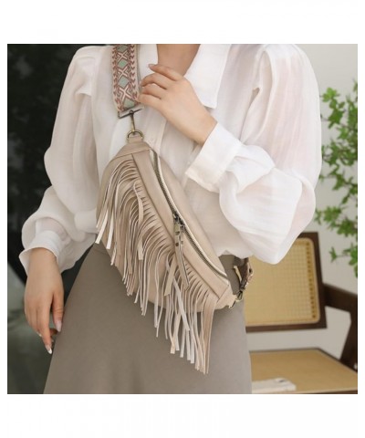 Women Vegan Leather Cross Chest Bag Rivets Fringed Shoulder Handbag Purse Waist Bag C-Beige $13.80 Shoulder Bags