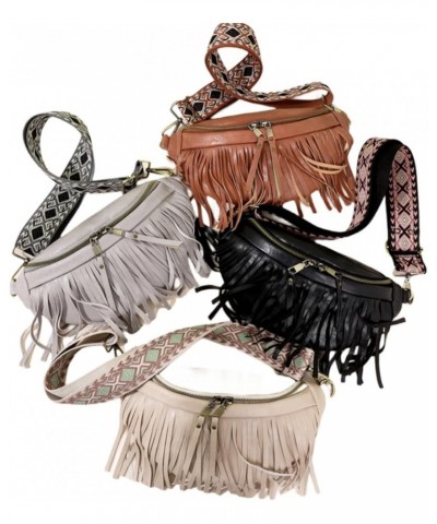 Women Vegan Leather Cross Chest Bag Rivets Fringed Shoulder Handbag Purse Waist Bag C-Beige $13.80 Shoulder Bags