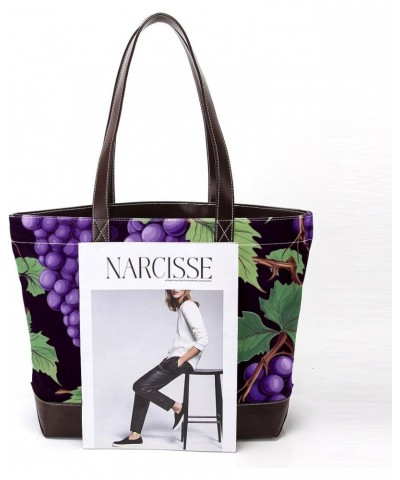 Grapes Canvas Leather Mix Handbag - 13.3x4.7x12.2 in - Stylish and Durable Women's Satchel Bag $24.07 Satchels