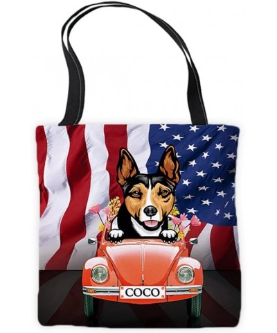 Personalized American flag Canvas Tote Bag Peeking Dog Rat Terrier in Red Retro Car Surrounding with Flowers Handbags Rat Ter...