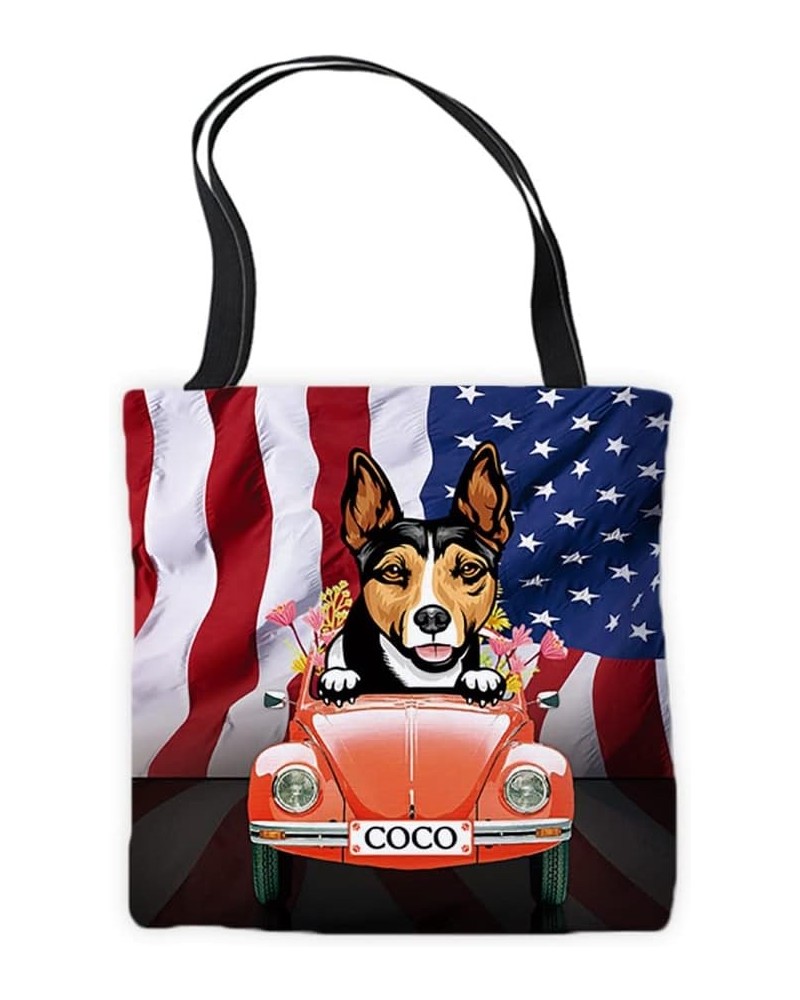 Personalized American flag Canvas Tote Bag Peeking Dog Rat Terrier in Red Retro Car Surrounding with Flowers Handbags Rat Ter...