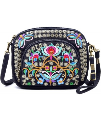 Embroidered Canvas 3 zip Small Crossbody Bag Cell Phone Purse Shoulder Wallet Handbags Wristlet Clutch Bag for Women Black + ...