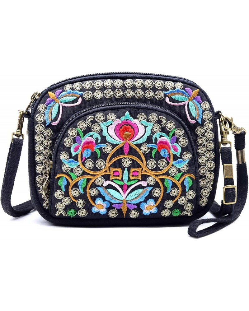 Embroidered Canvas 3 zip Small Crossbody Bag Cell Phone Purse Shoulder Wallet Handbags Wristlet Clutch Bag for Women Black + ...