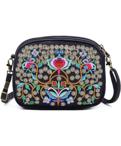 Embroidered Canvas 3 zip Small Crossbody Bag Cell Phone Purse Shoulder Wallet Handbags Wristlet Clutch Bag for Women Black + ...