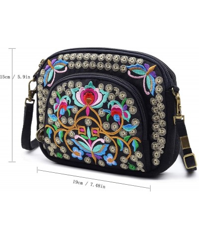 Embroidered Canvas 3 zip Small Crossbody Bag Cell Phone Purse Shoulder Wallet Handbags Wristlet Clutch Bag for Women Black + ...