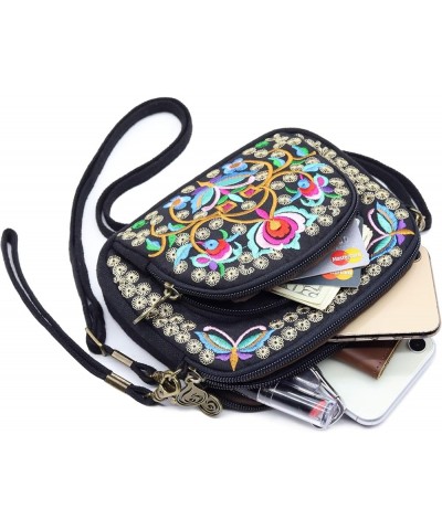 Embroidered Canvas 3 zip Small Crossbody Bag Cell Phone Purse Shoulder Wallet Handbags Wristlet Clutch Bag for Women Black + ...