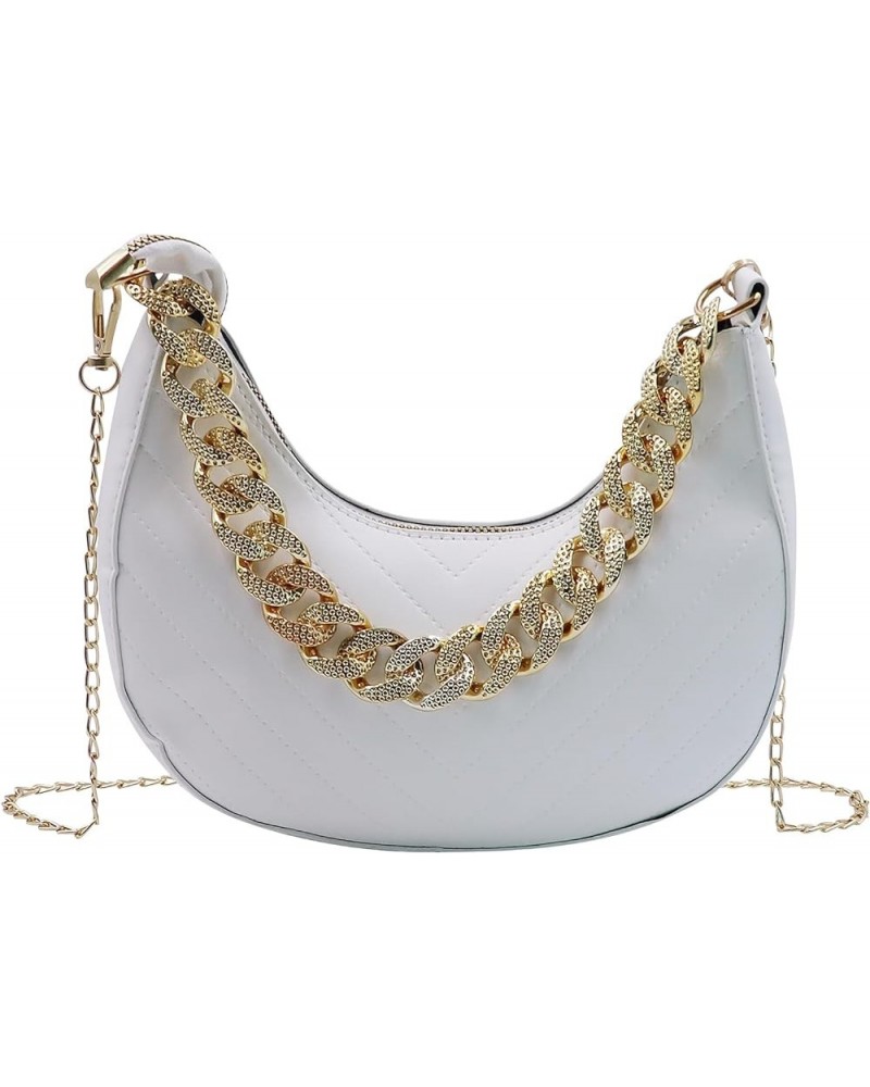 Chain Shoulder Bag for Women Vegan Leather Hobo Handbag Trendy Crossbody Saddle Bags Tote Casual Clutch Purses White $10.12 H...