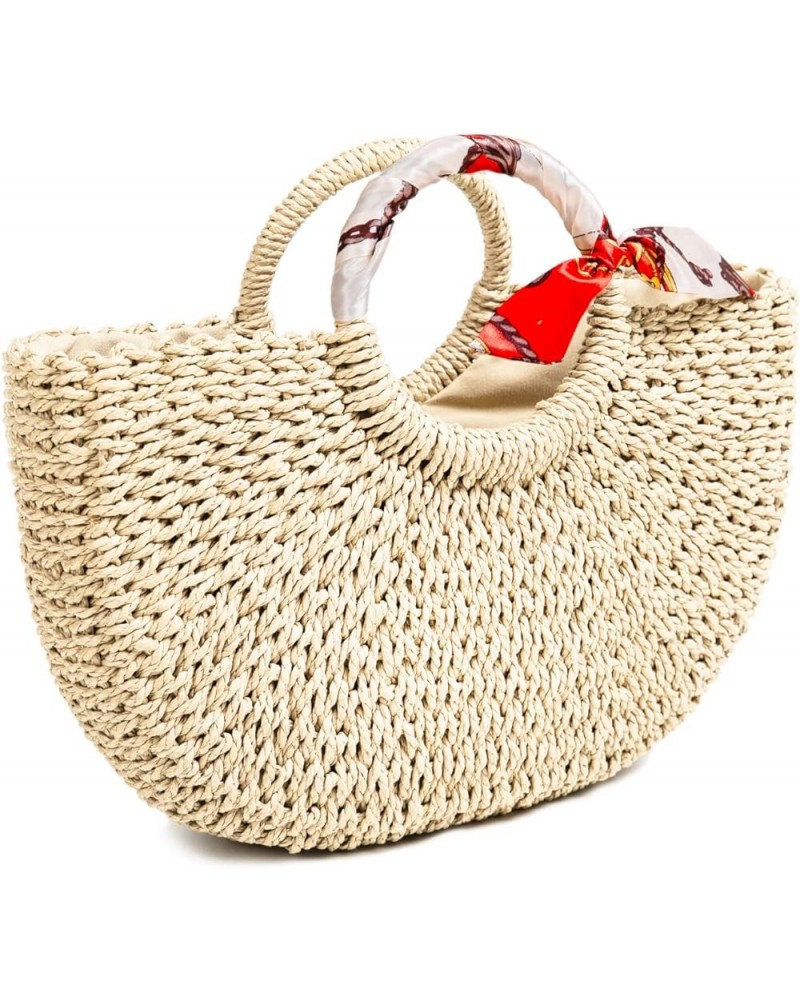 Summer Straw Beach Tote Bag Handmade Large Straw Tote Handbag Women's Handbags And Free Silk Scarves Beige $13.24 Shoulder Bags