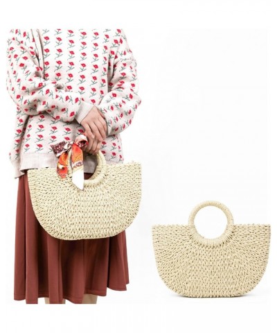 Summer Straw Beach Tote Bag Handmade Large Straw Tote Handbag Women's Handbags And Free Silk Scarves Beige $13.24 Shoulder Bags