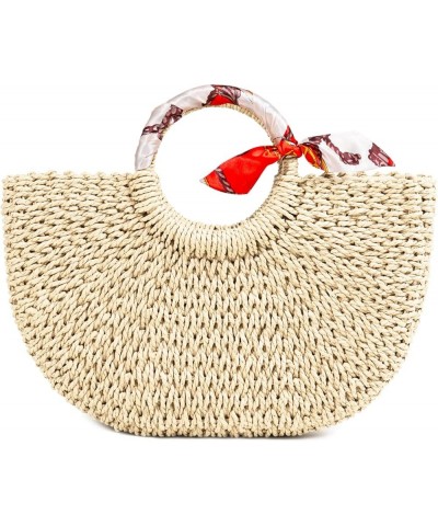 Summer Straw Beach Tote Bag Handmade Large Straw Tote Handbag Women's Handbags And Free Silk Scarves Beige $13.24 Shoulder Bags