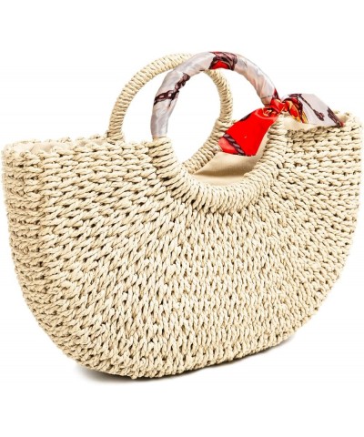 Summer Straw Beach Tote Bag Handmade Large Straw Tote Handbag Women's Handbags And Free Silk Scarves Beige $13.24 Shoulder Bags