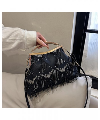 Women Evening Bag Kiss Lock Purse Sequin Tassel Handbags Shoulder Crossbody Bags Clutch Lady Wedding Party Satchel Black $35....